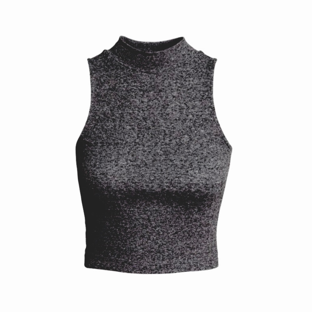 Color Story Mock Neck Crop Top Dark Heather Charcoal Grey S